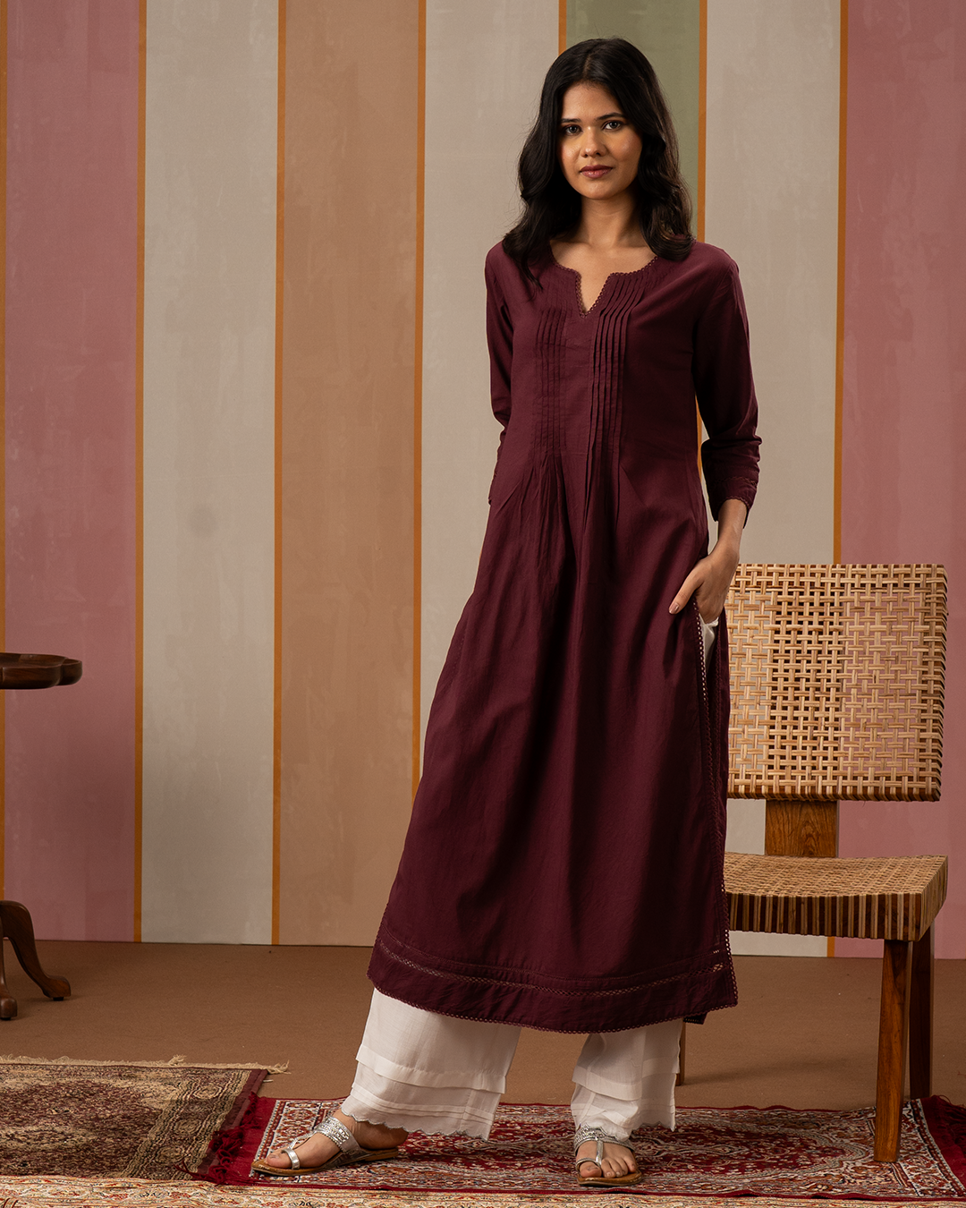 Purple Solid Cotton Kurta Set with Printed Cotton Dupatta