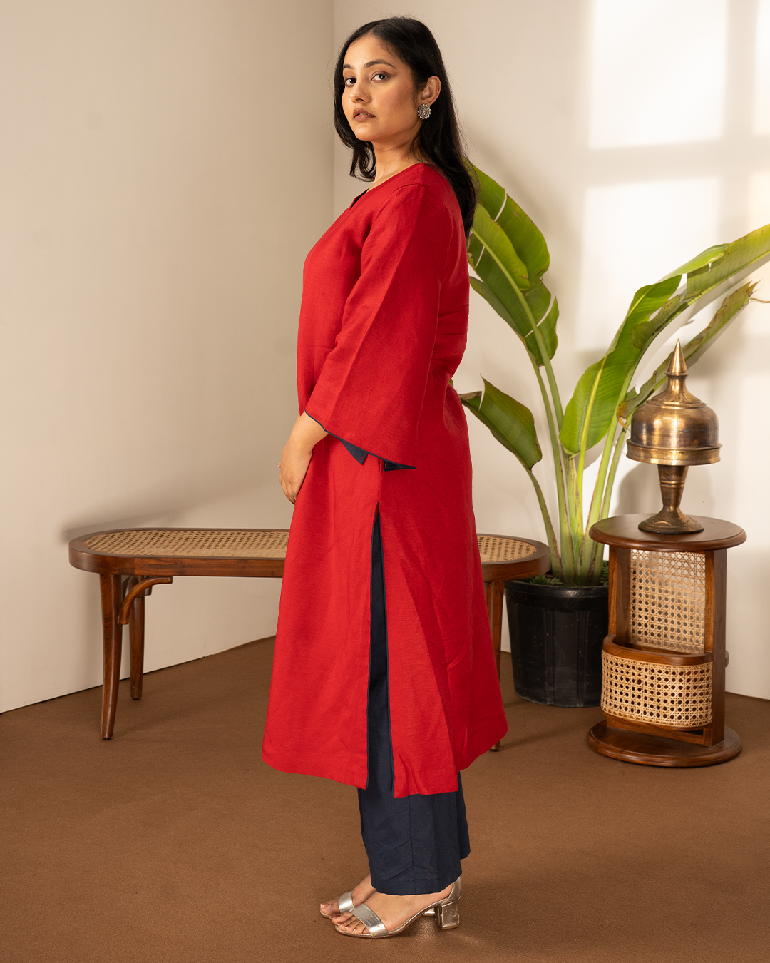 Red Blue Linen Asymmetrical Kurta Set