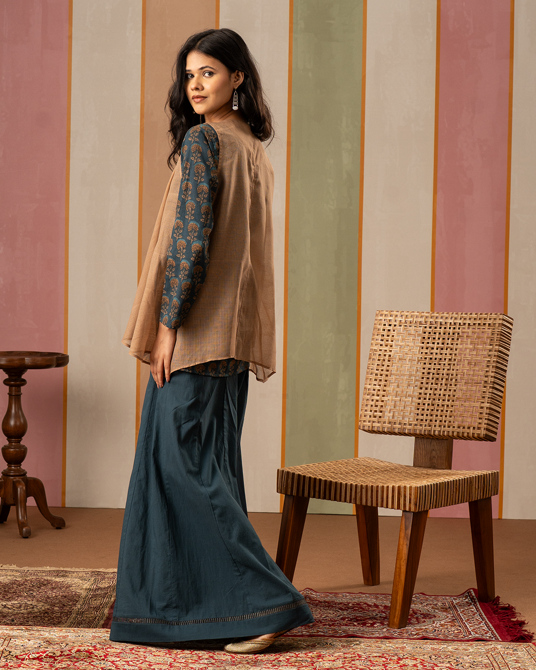 Blue and Brown Cotton Doria Blockprint Coord Set with Jacket