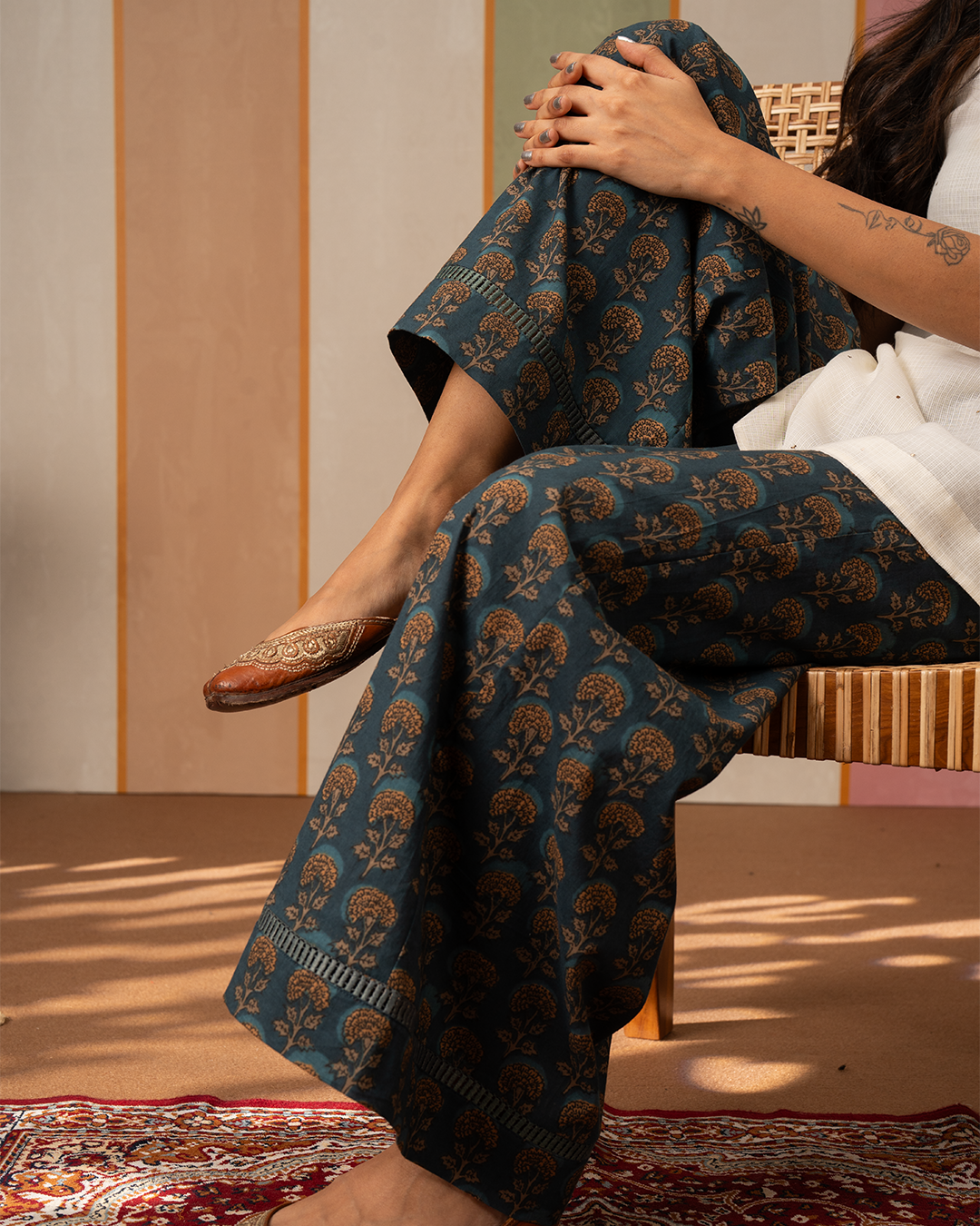Blue Cotton Blockprint Palazzo Pants