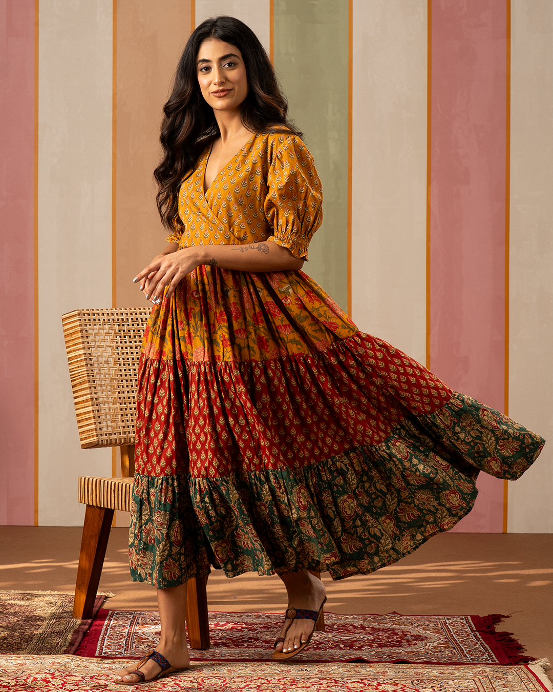 Multicolour Blockprint Cotton Flare Midi Dress