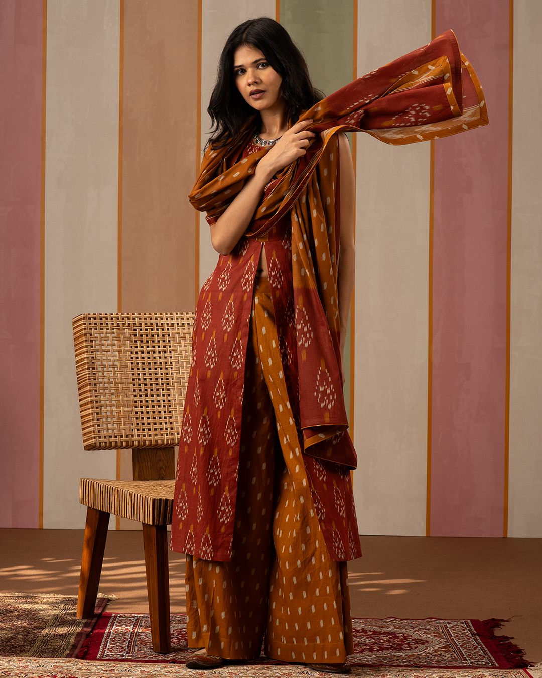 Rust and Mustard Ikat Cotton Printed Kurta Set