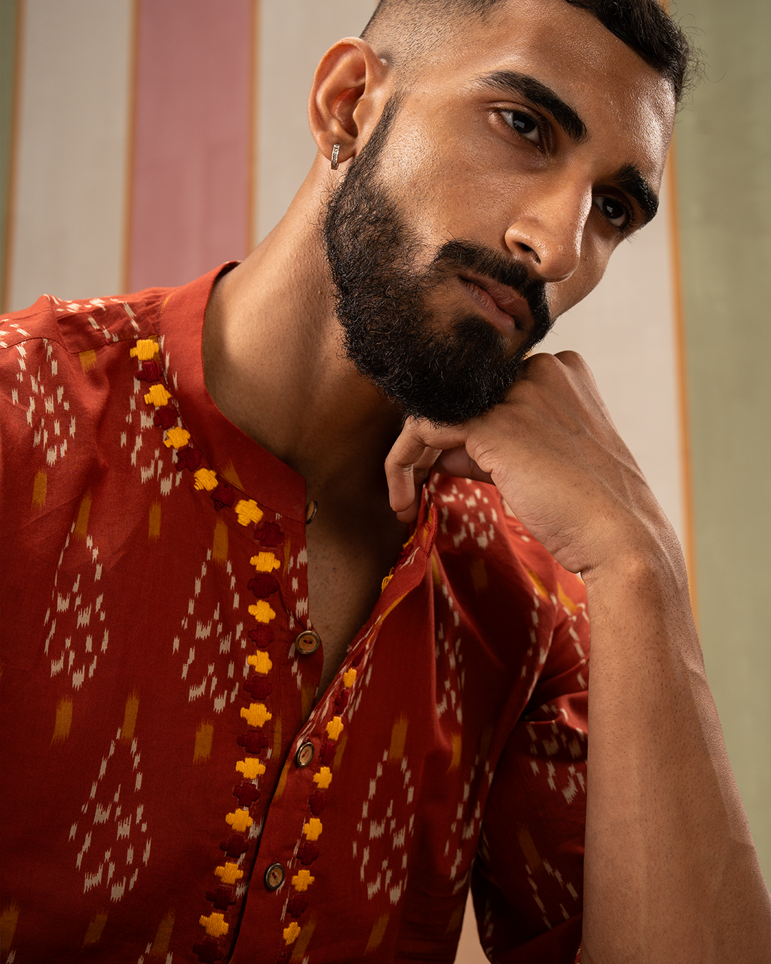 Rust Ikat Printed Cotton Kurta With Embroidery