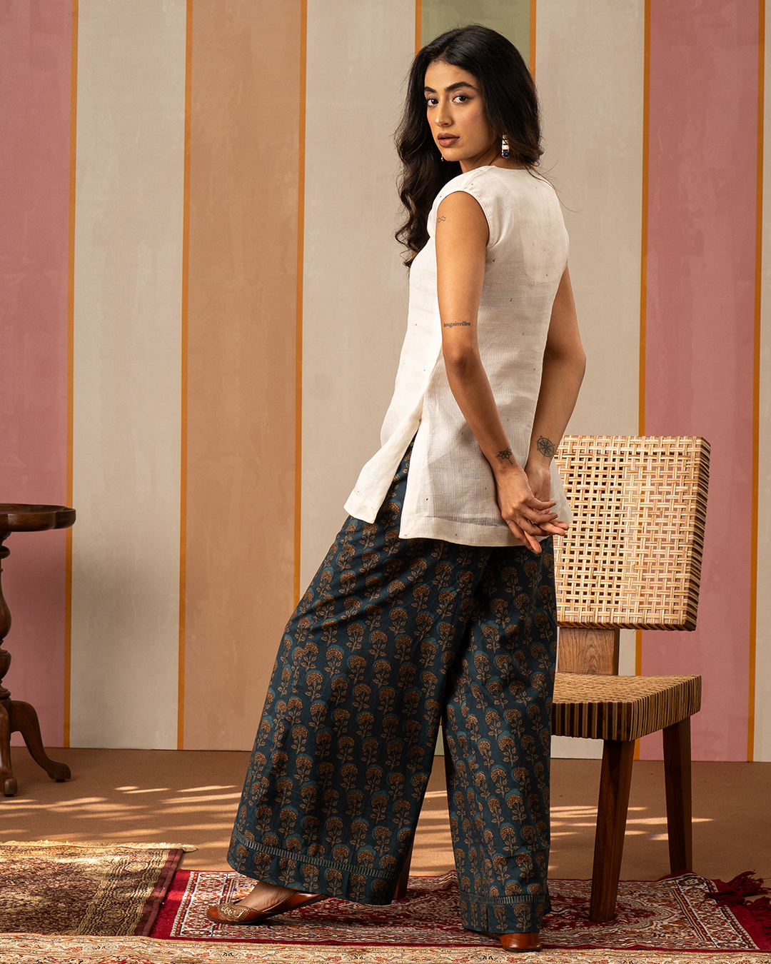 White and Blue Blockprint Cotton Doria Coord Set