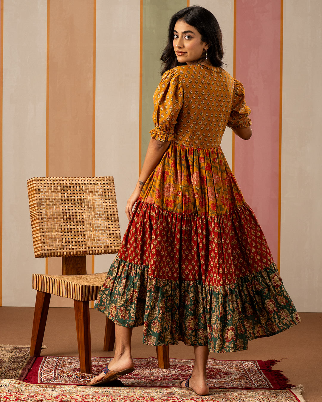 Multicolour Blockprint Cotton Flare Midi Dress