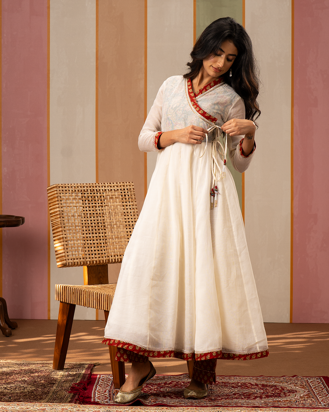 Off White Solid Doria Angrakha Kurta