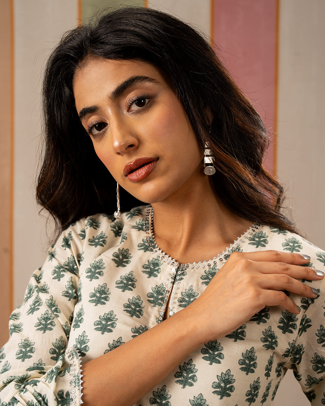 Sea Green and White Blockprint Flare Long Kurta
