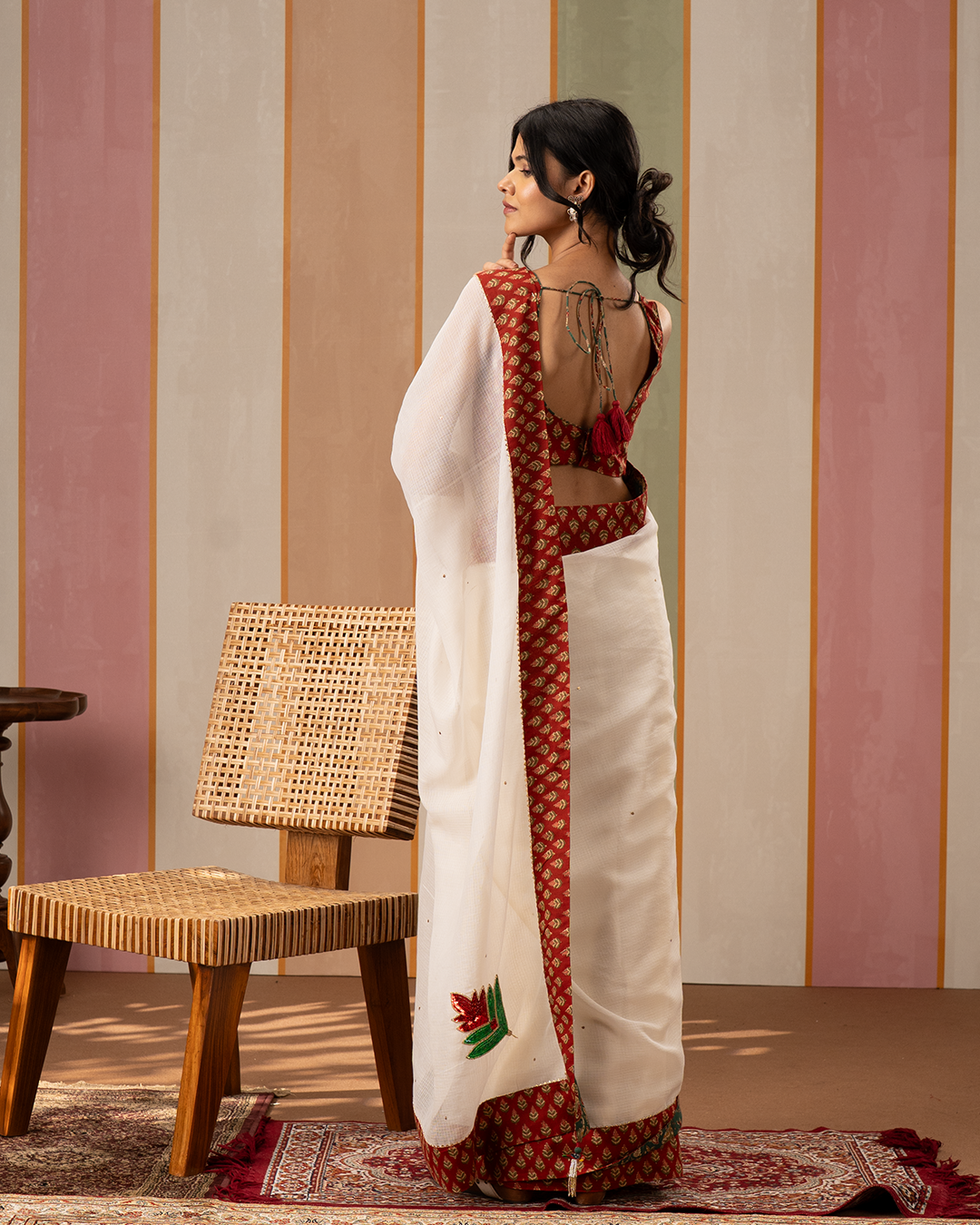 Off White Doria Blockprint Saree with Embroidery
