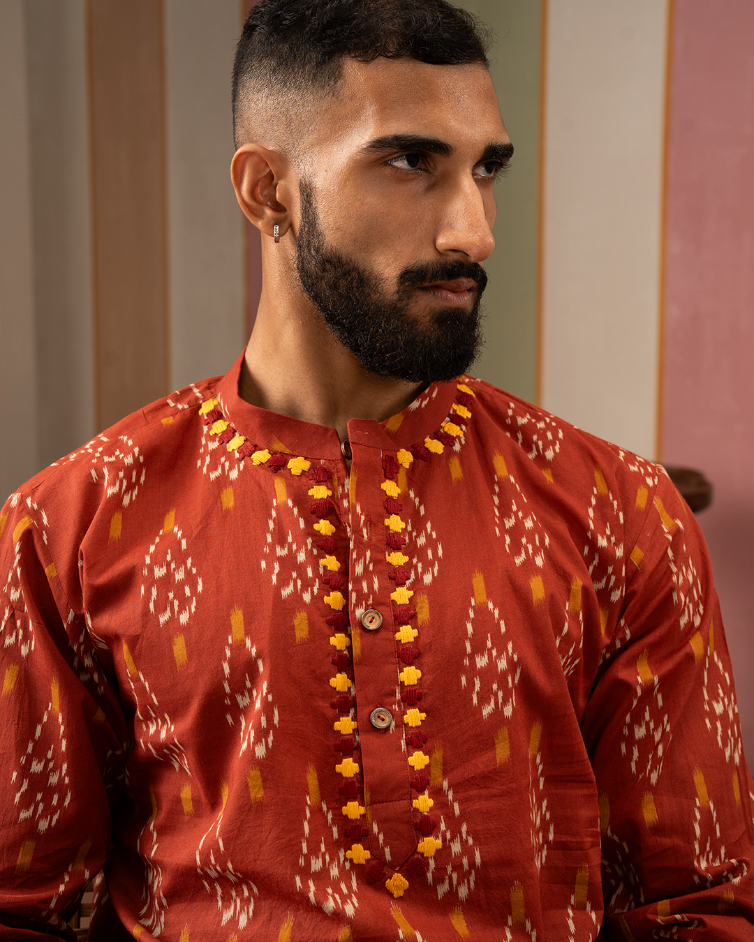 Rust Ikat Printed Cotton Kurta With Embroidery