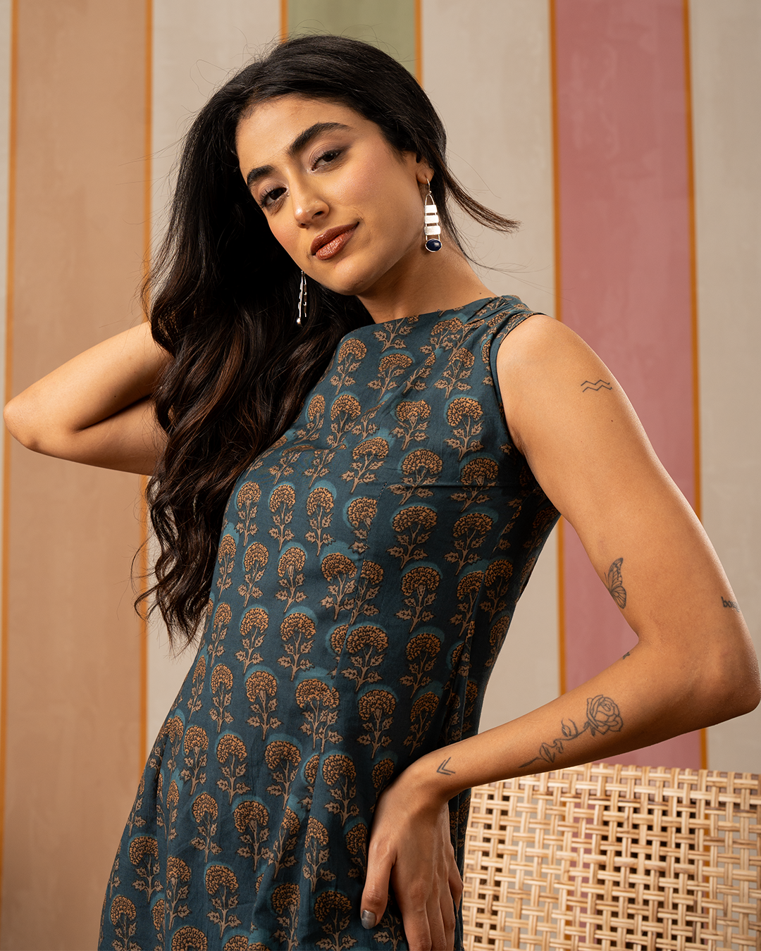 Blue Blockprint Cotton One Shoulder Short Dress