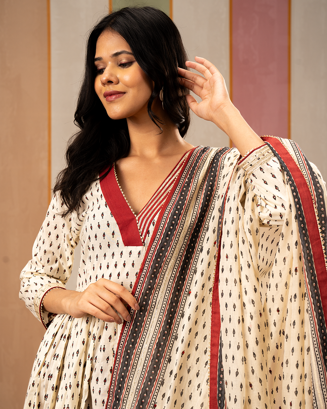 White Blockprint Cotton Flare Kurta
