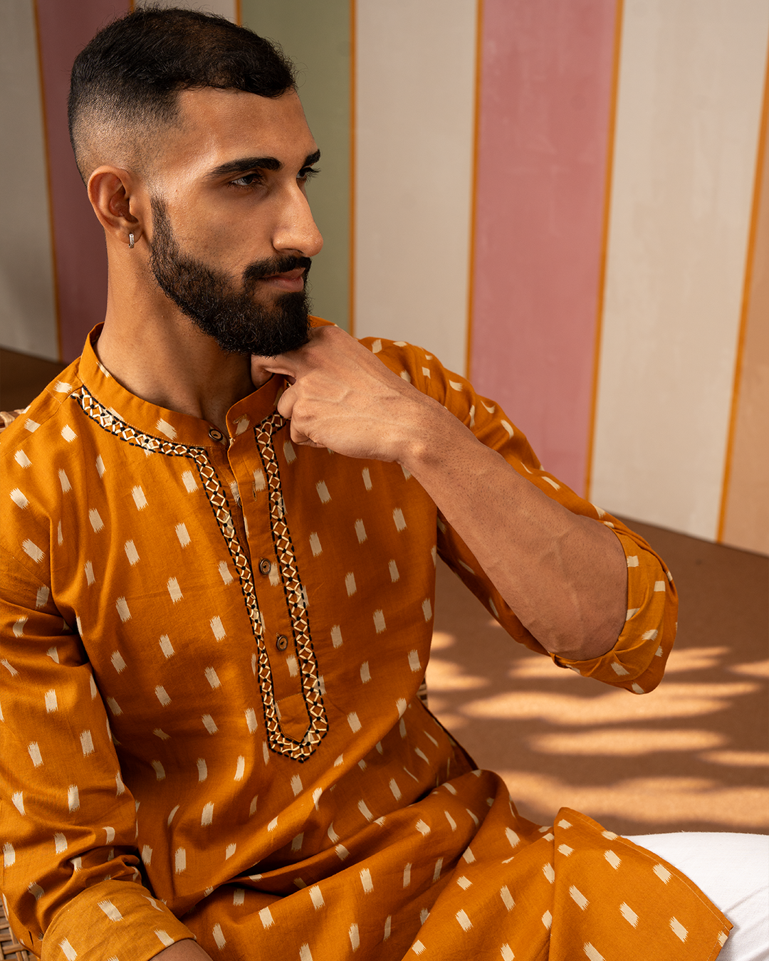 Mustard Ikat Printed Cotton Kurta With Embroidery