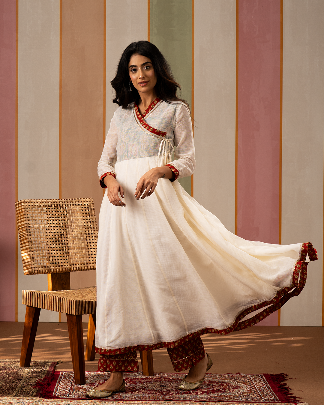 Off White Solid Doria Angrakha Kurta Set