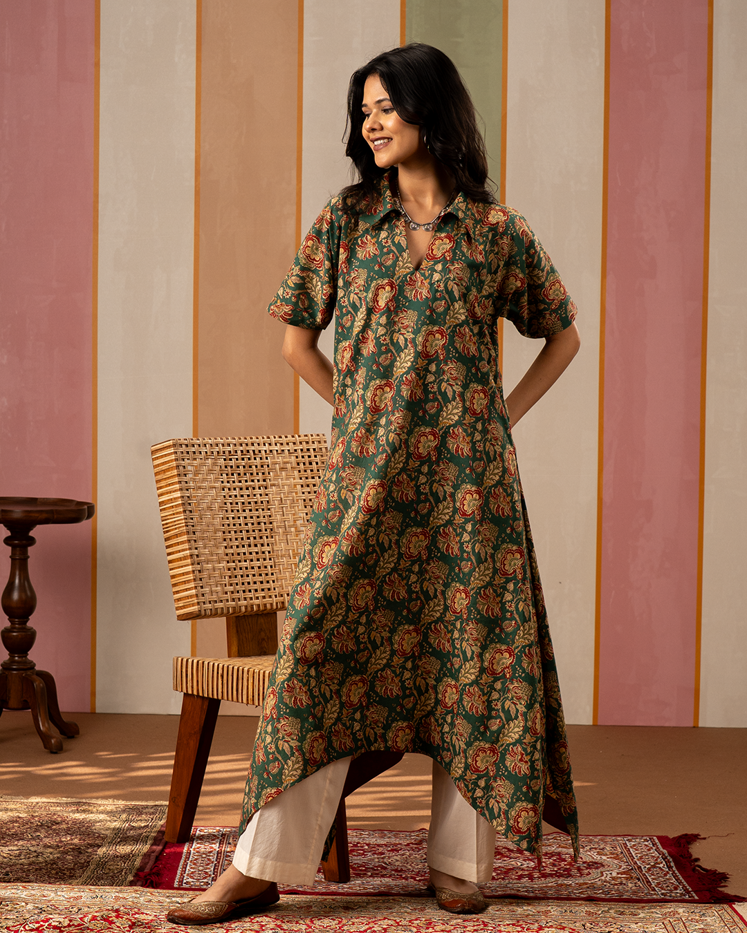 Green Printed Cotton Kaftan Kurta Set