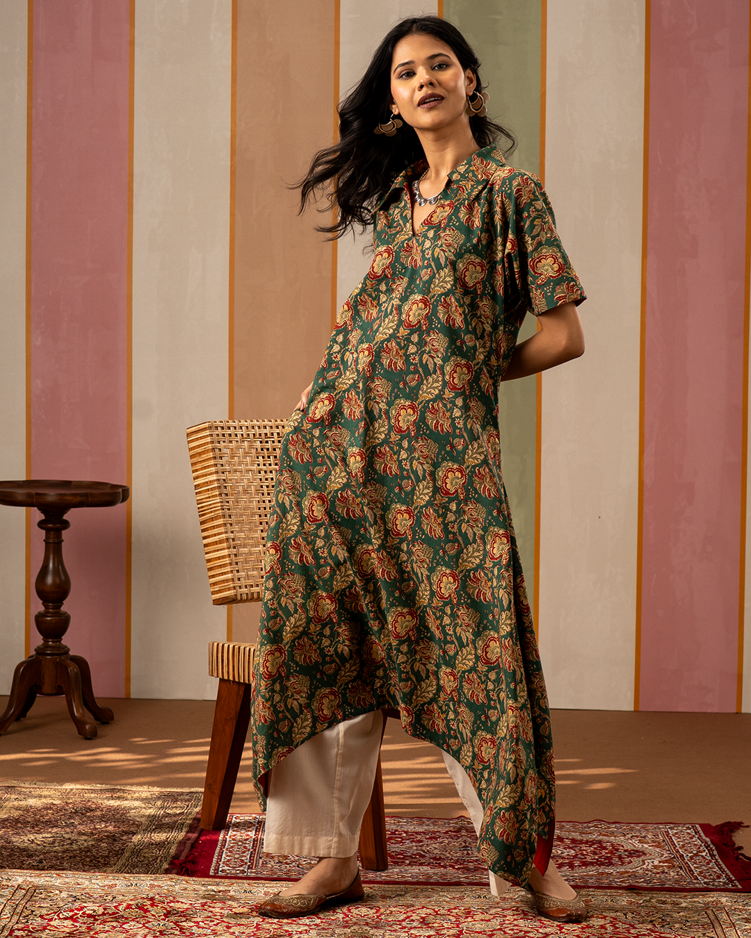 Green Blockprint Cotton Kaftan Kurta