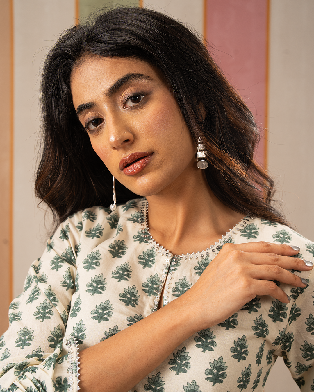 Sea Green and White Printed Flare Long Kurta Set