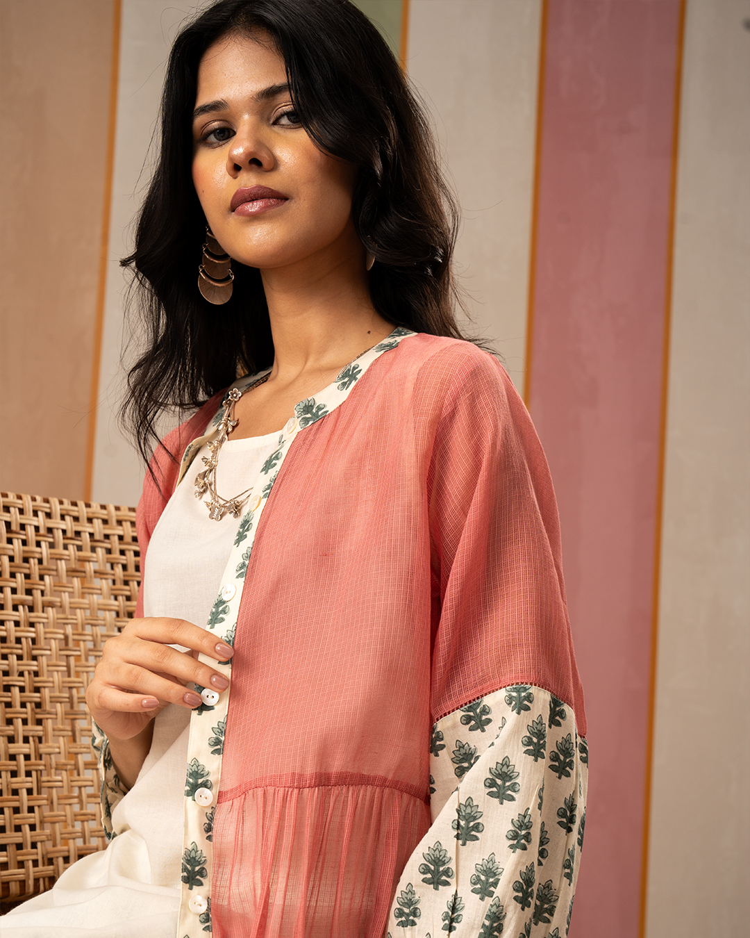 Pink and White Cotton Doria Kurta