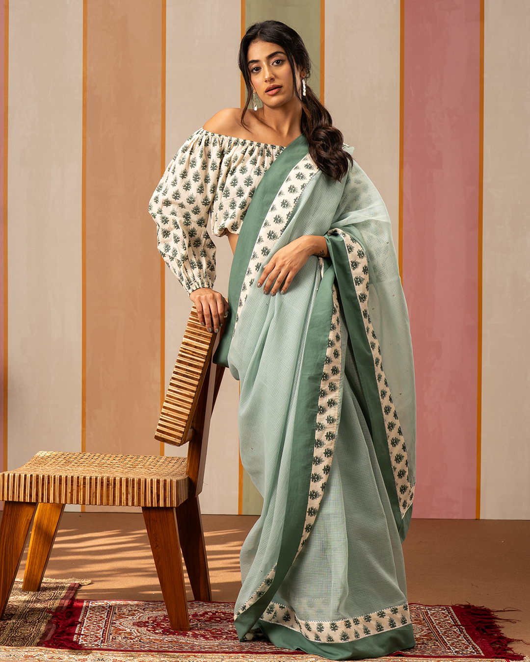 Sea Green Doria Saree with Blockprint Border