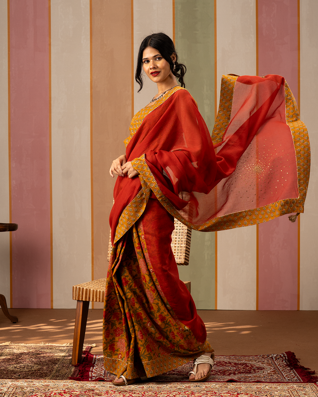 Red and Yellow Doria Blockprint Cotton Saree with Embroidery