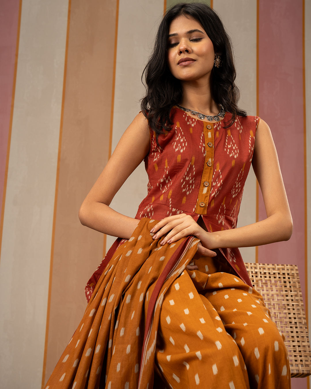 Rust and Mustard Ikat Printed Cotton Kurta
