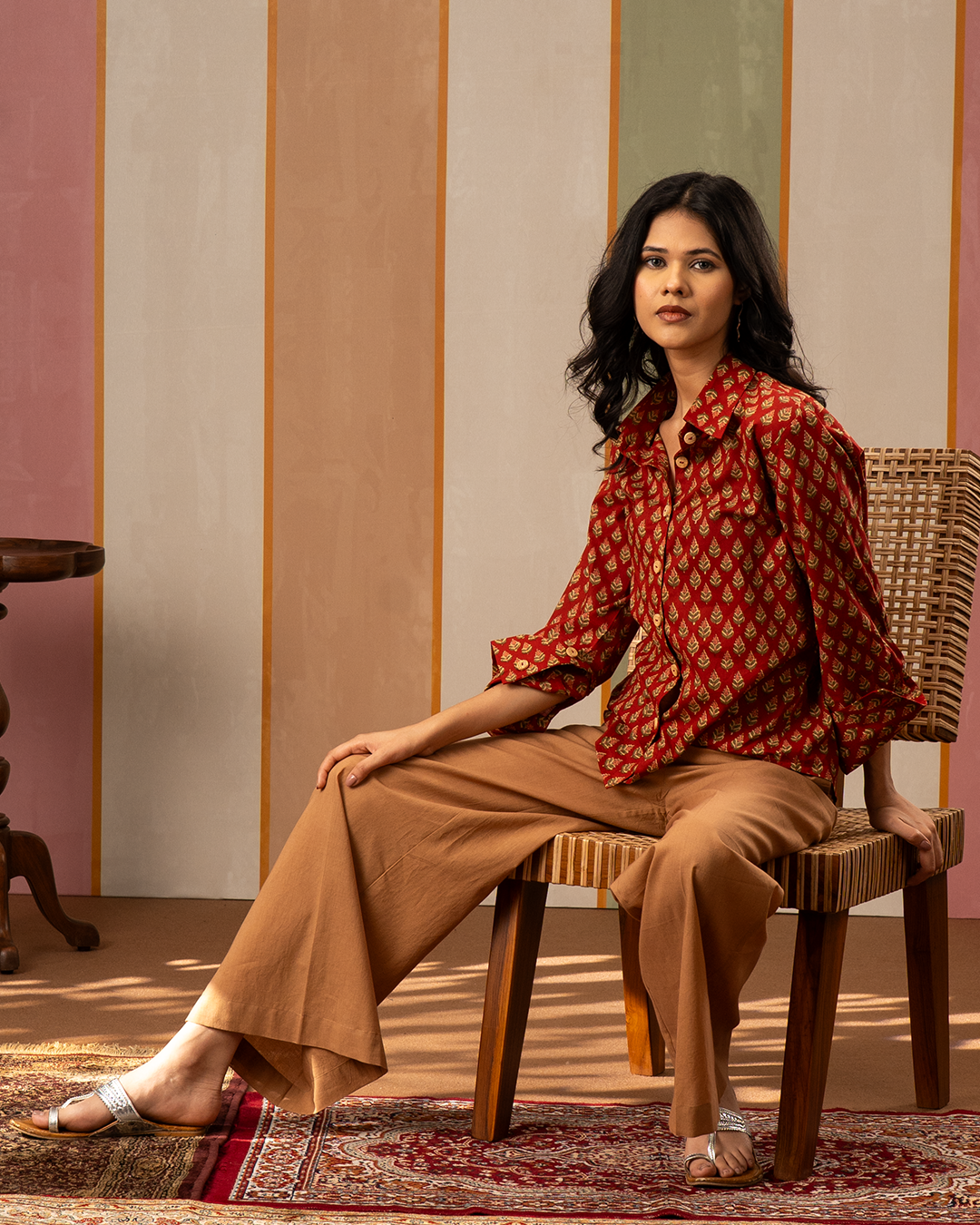 Red and Brown Cotton Blockprint Shirt Coord Set