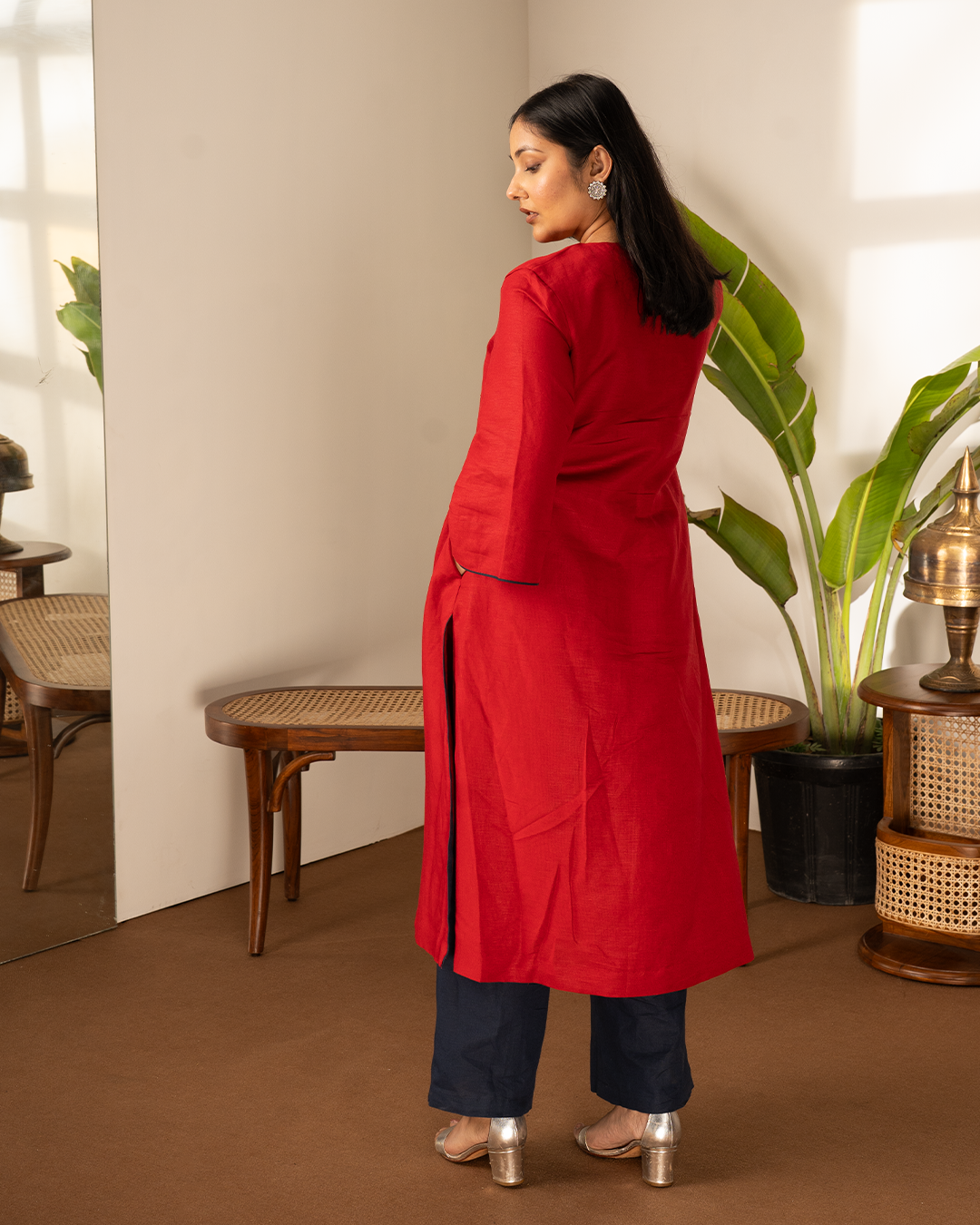 Red Blue Linen Asymmetrical Kurta Set