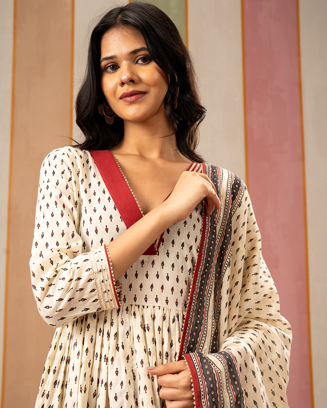 White Printed Cotton Flare Kurta Set