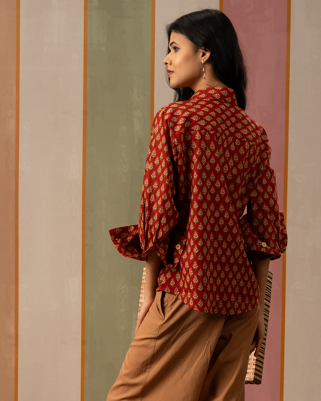 Red Blockprint Womens Cotton Shirt