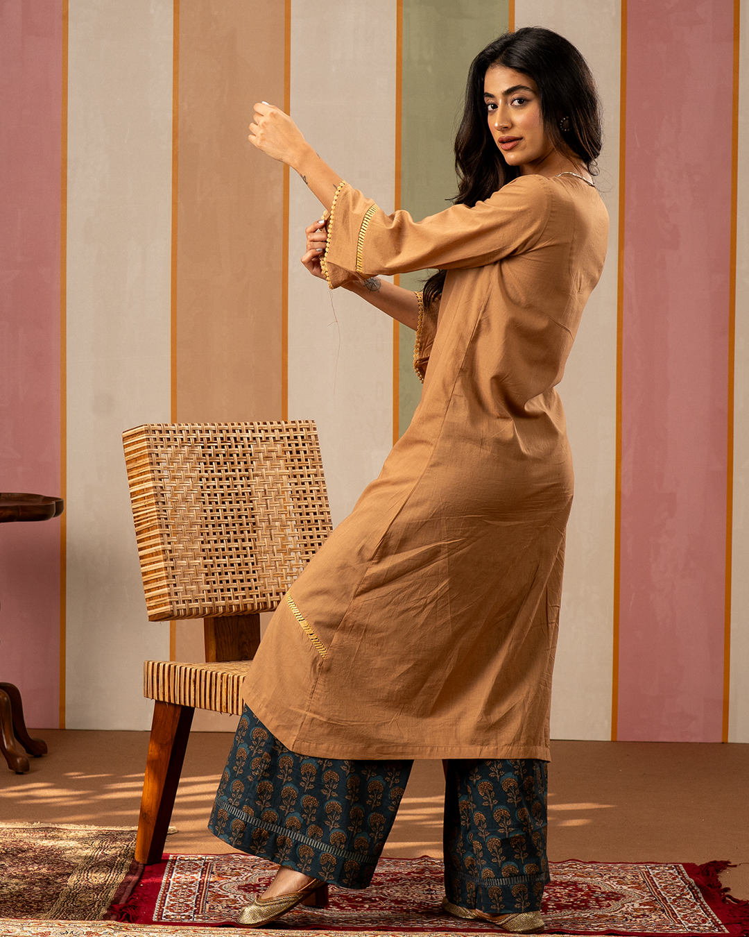 Brown and Blue Printed Cotton Kurta Set