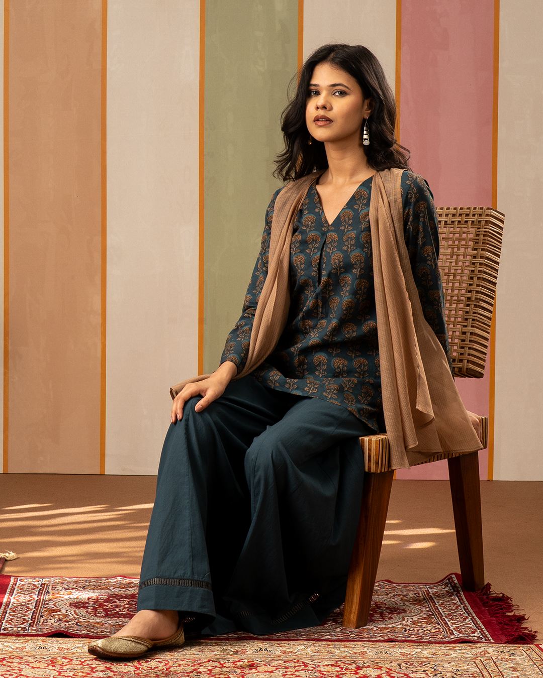 Blue and Brown Cotton Doria Blockprint Coord Set with Jacket