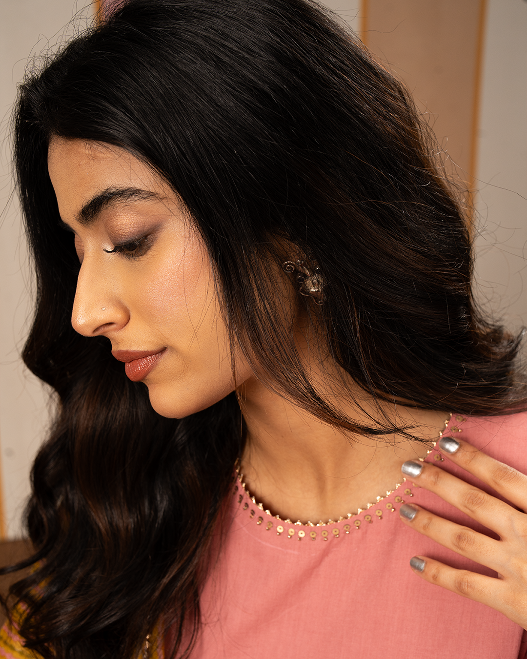 Pink Solid Cotton Flare Kurta