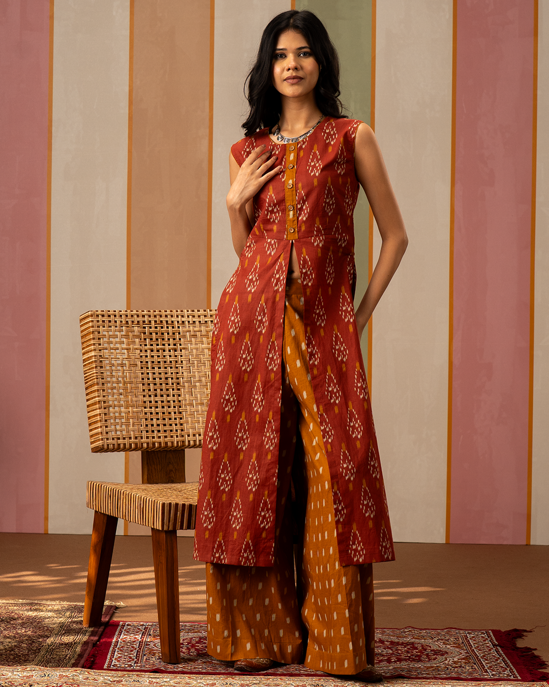 Rust and Mustard Ikat Cotton Printed Kurta Set