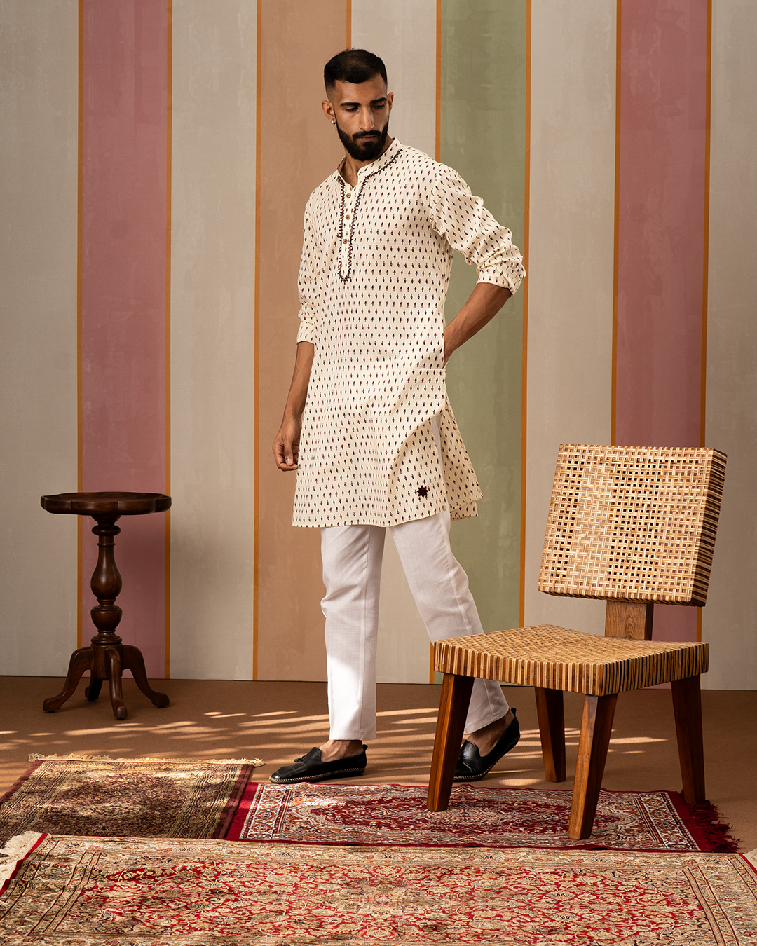 White Blockprint Cotton Kurta With Embroidery