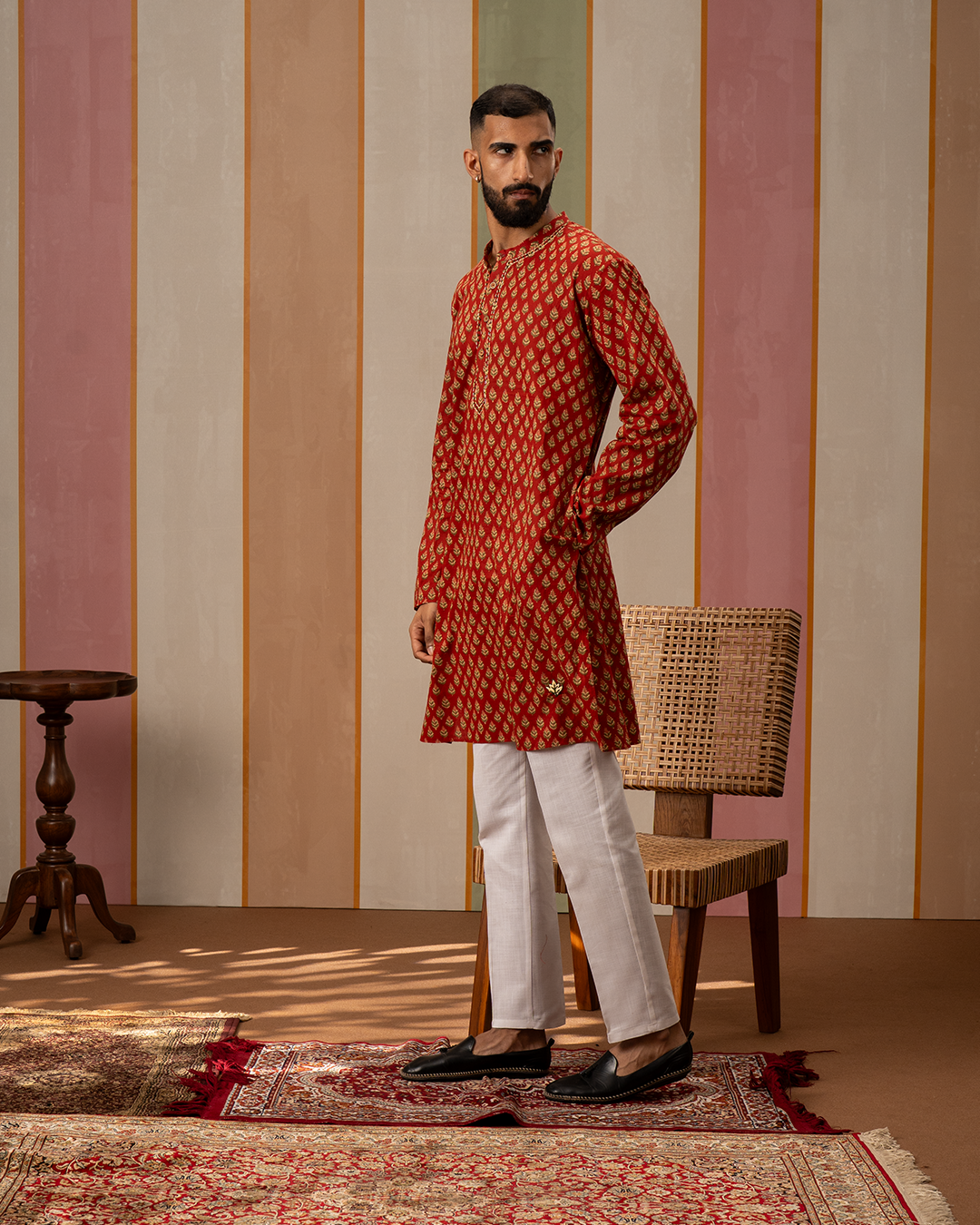 Red Blockprint Cotton Kurta With Embroidery