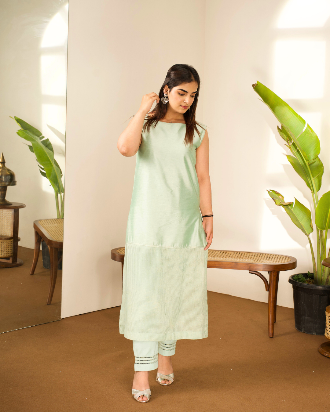 Sea Green Cotton Silk Tissue Kurta Set