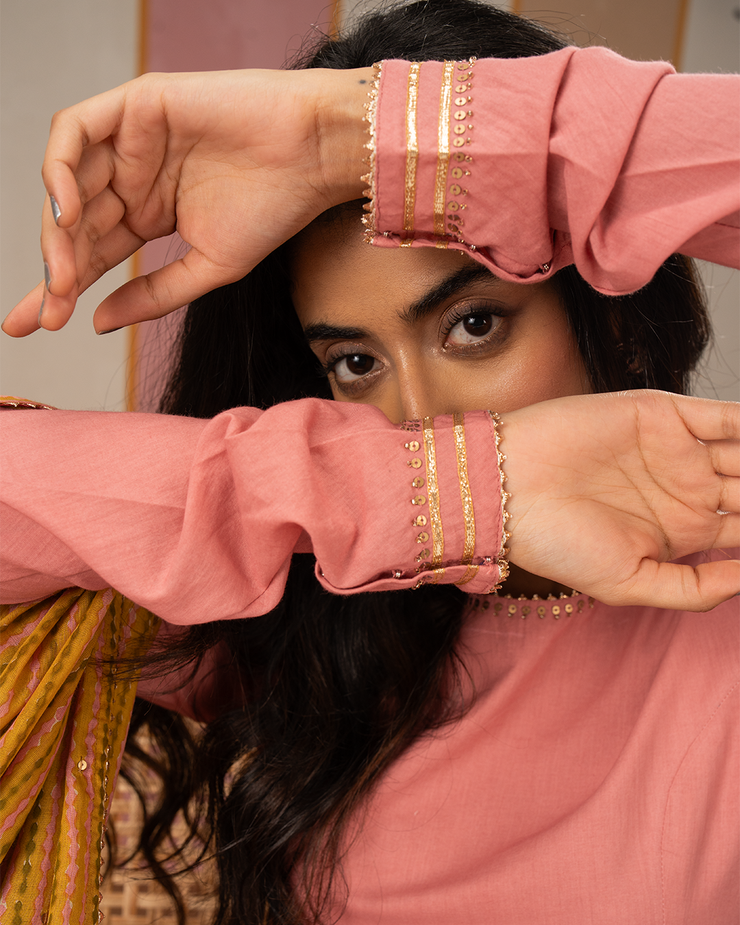 Pink Solid Cotton Flare Kurta