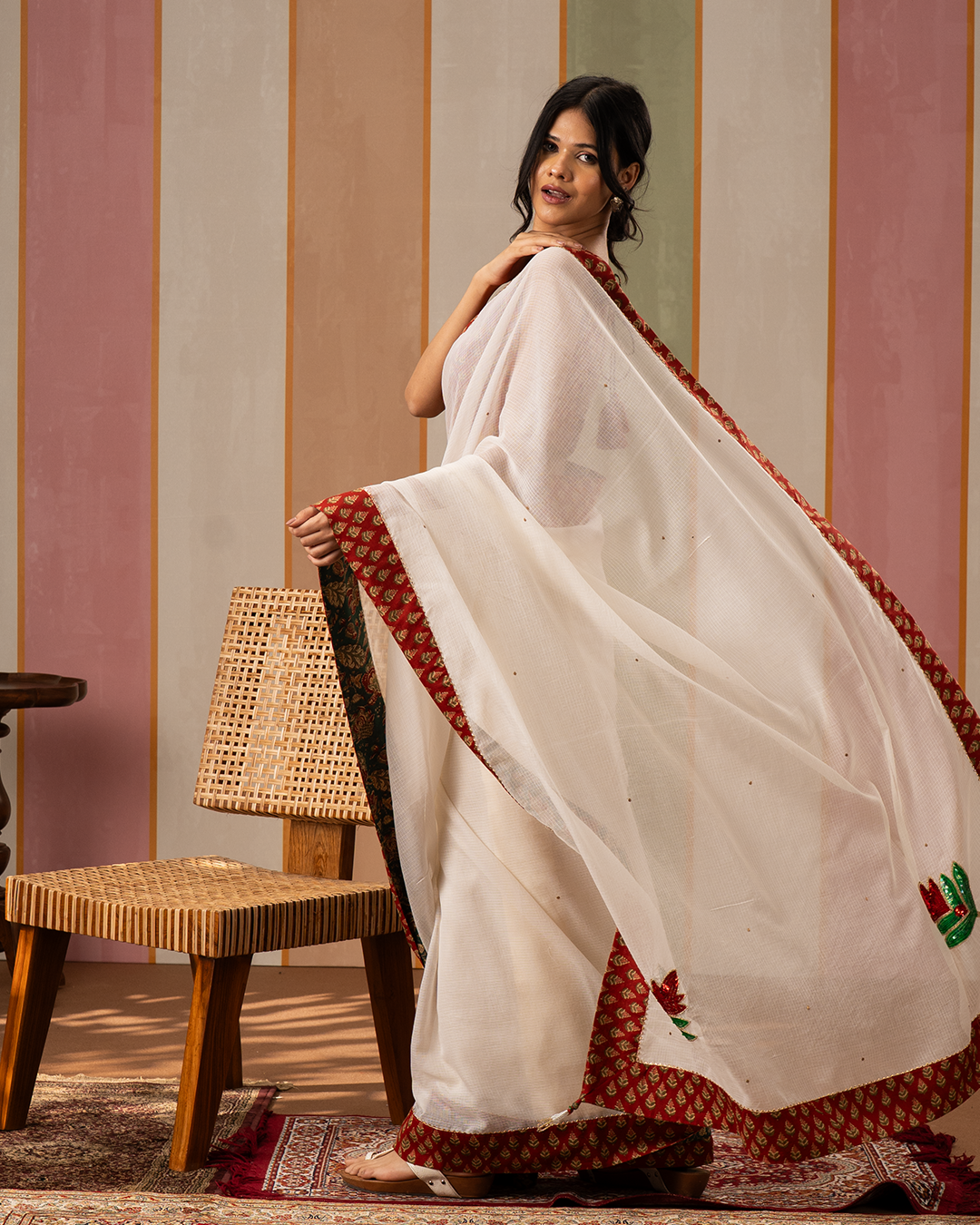 Off White Doria Blockprint Saree with Embroidery
