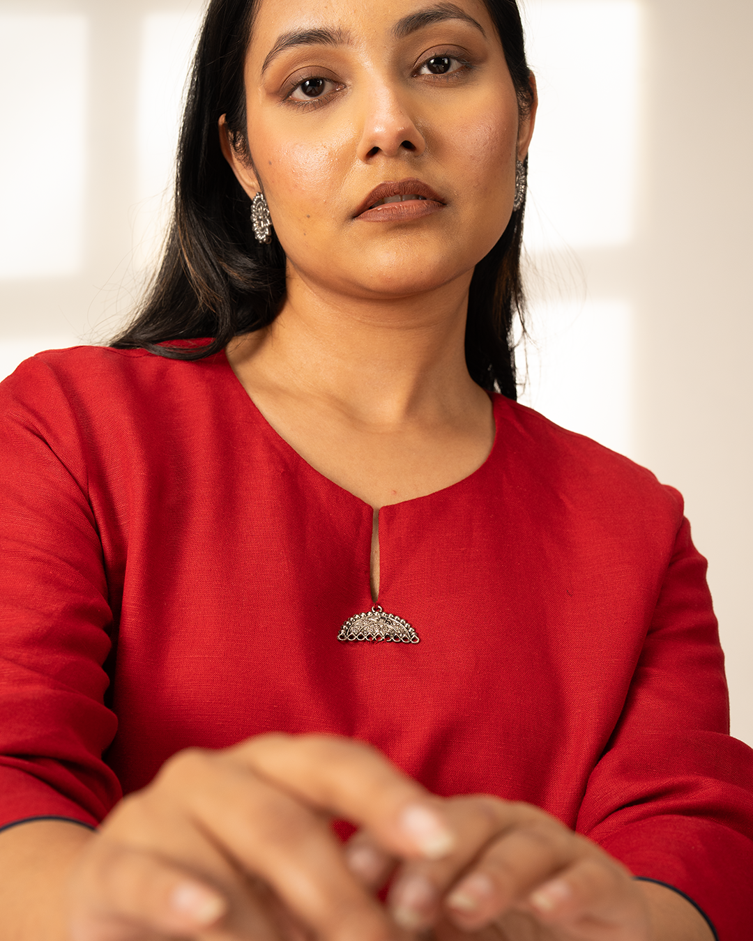 Red Blue Linen Asymmetrical Kurta Set