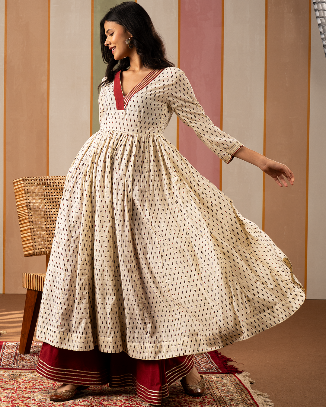 White Printed Cotton Flare Kurta Set