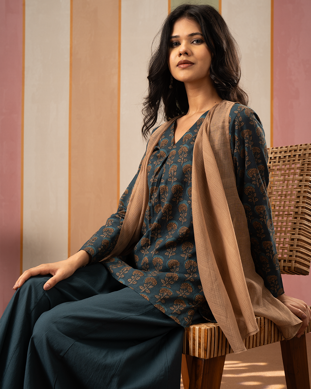 Blue and Brown Cotton Doria Blockprint Coord Set with Jacket