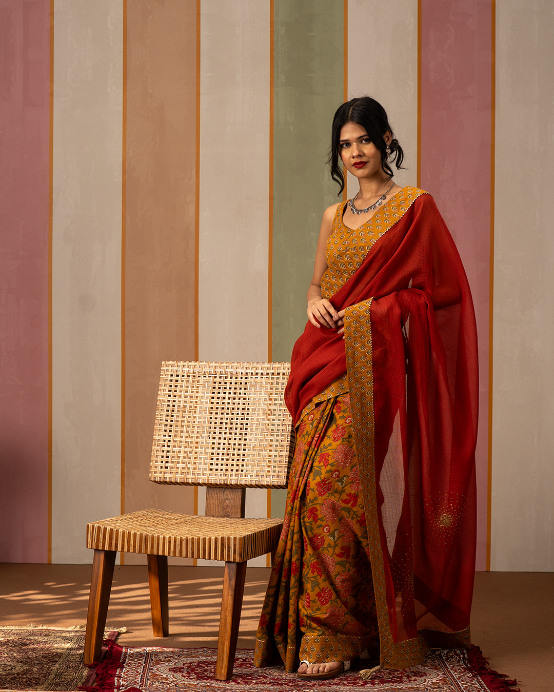 Red and Yellow Doria Blockprint Cotton Saree with Embroidery