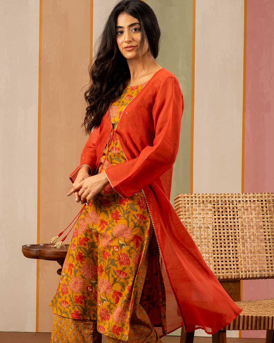 Red and Yellow Blockprint Cotton Doria Kurta with Jacket