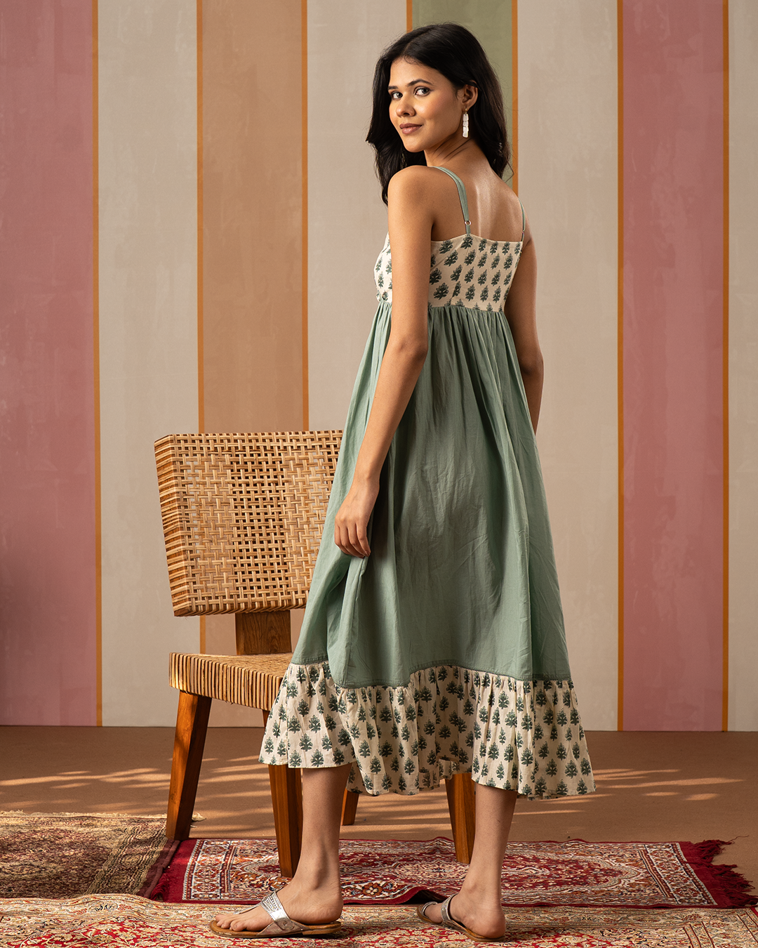 Sea Green Blockprint Cotton Flare Midi Dress