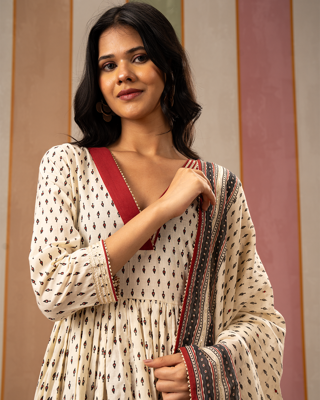 White Blockprint Cotton Flare Kurta