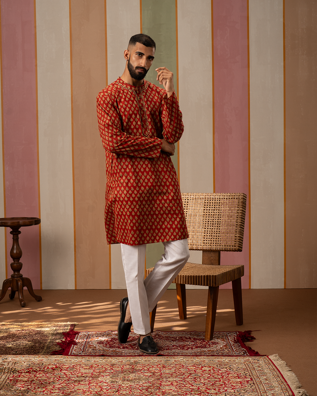 Red Blockprint Cotton Kurta With Embroidery