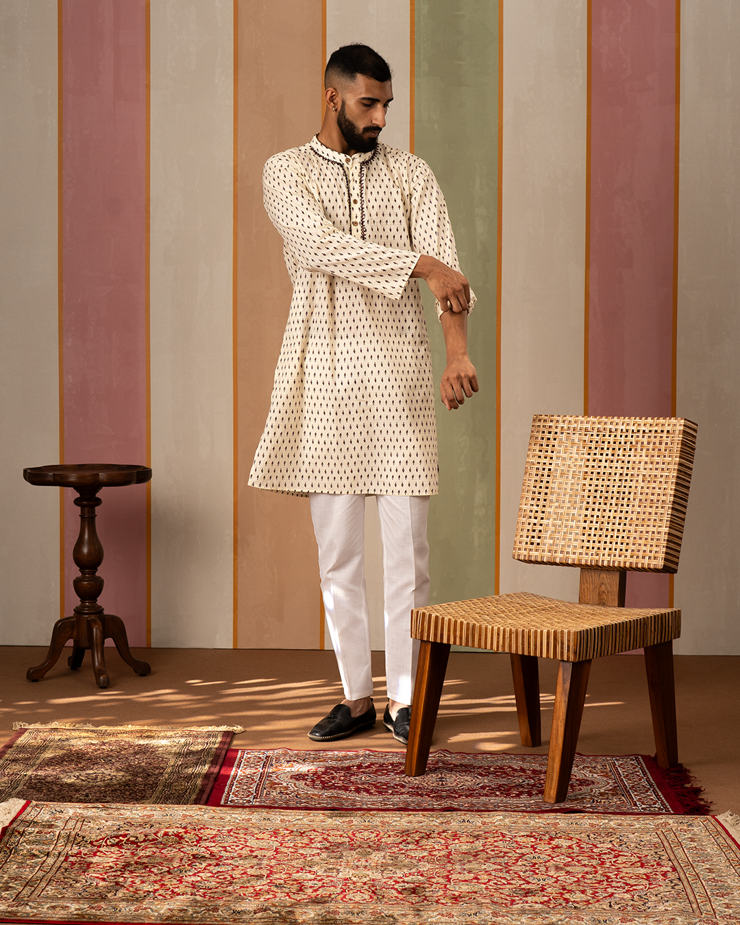 White Blockprint Cotton Kurta With Embroidery