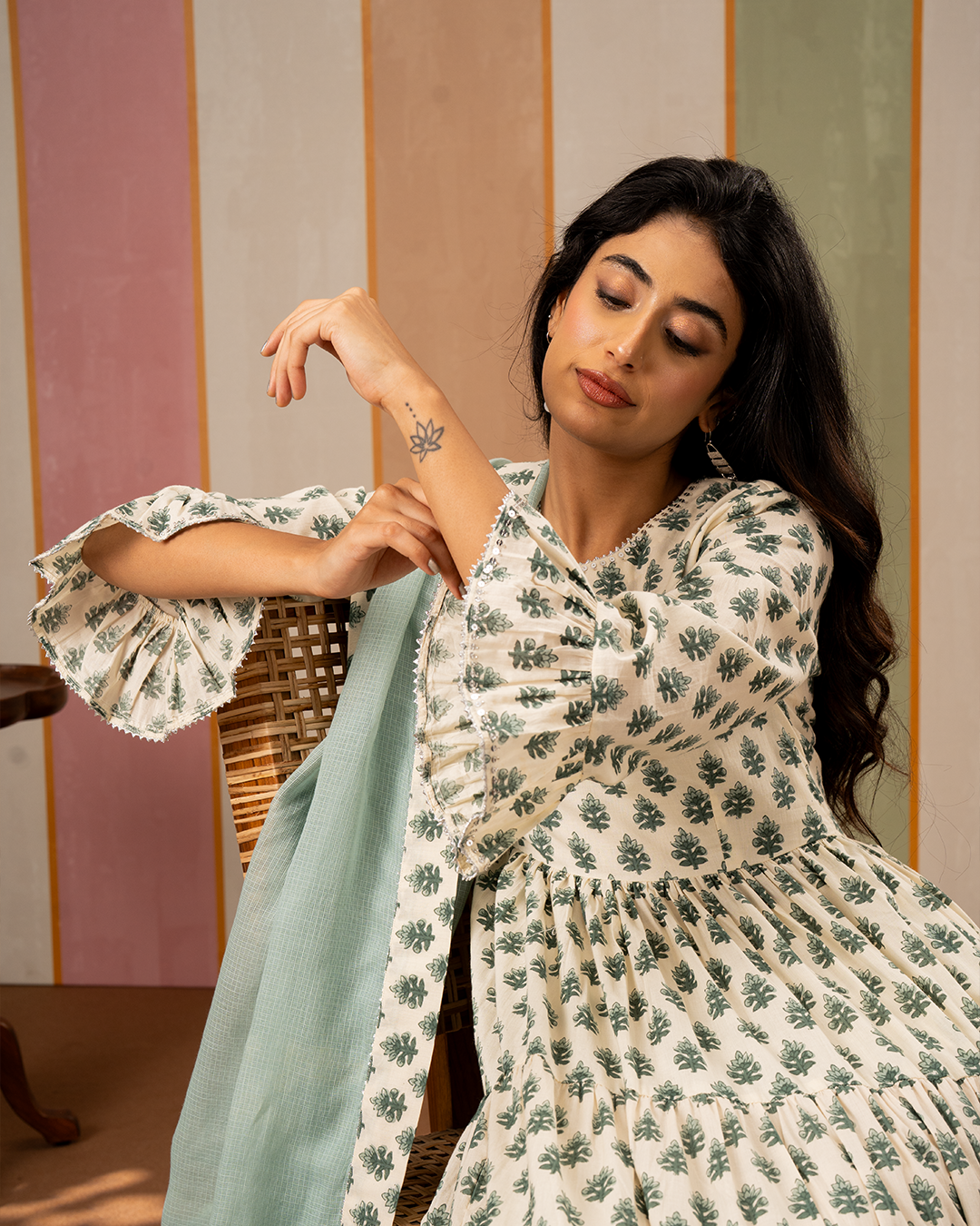 Sea Green and White Blockprint Flare Long Kurta