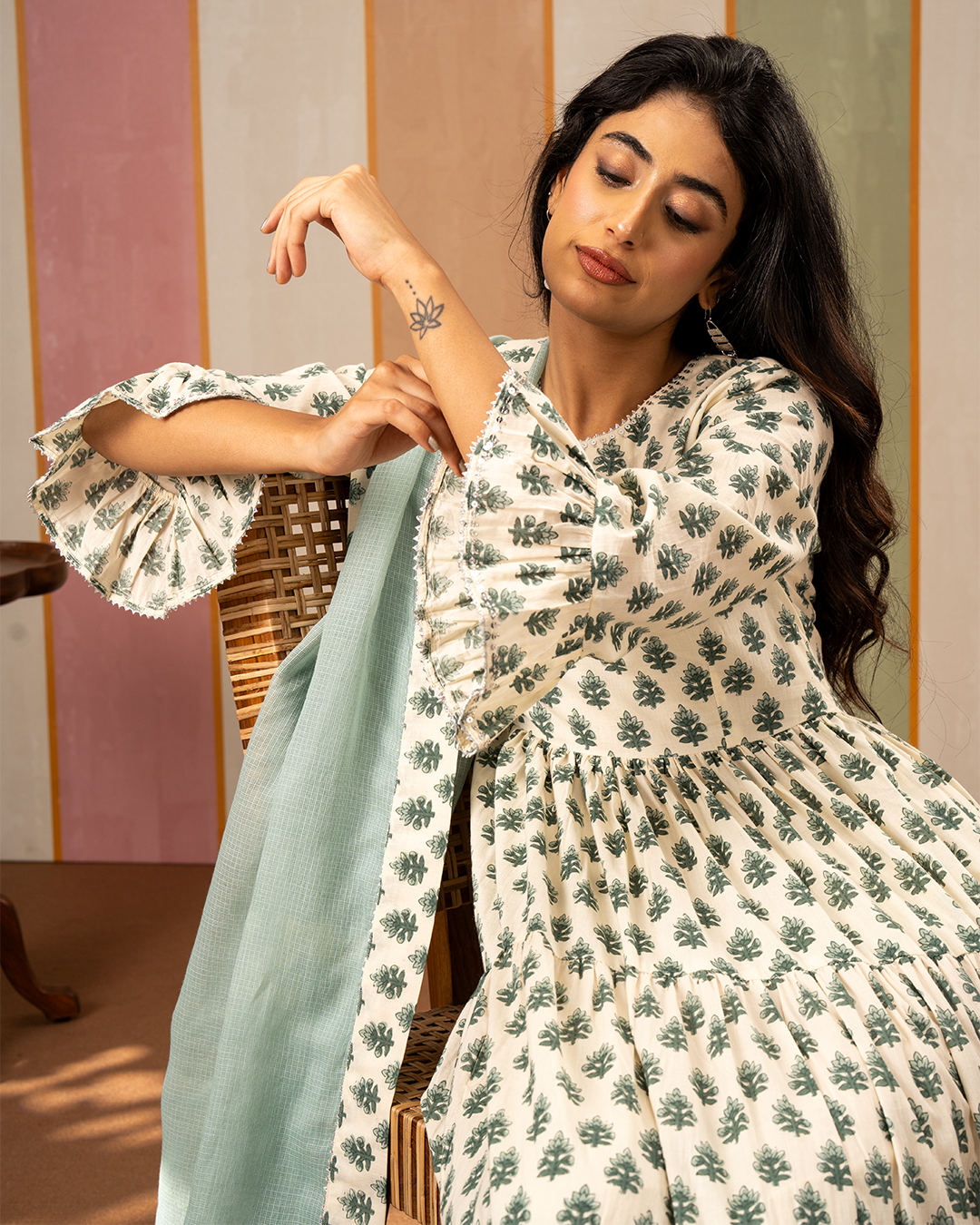 Sea Green and White Printed Flare Long Kurta Set
