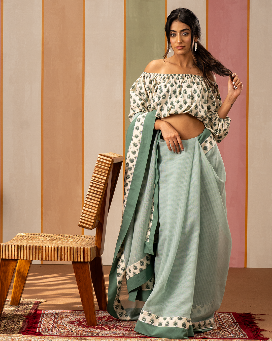 Sea Green Doria Saree with Blockprint Border