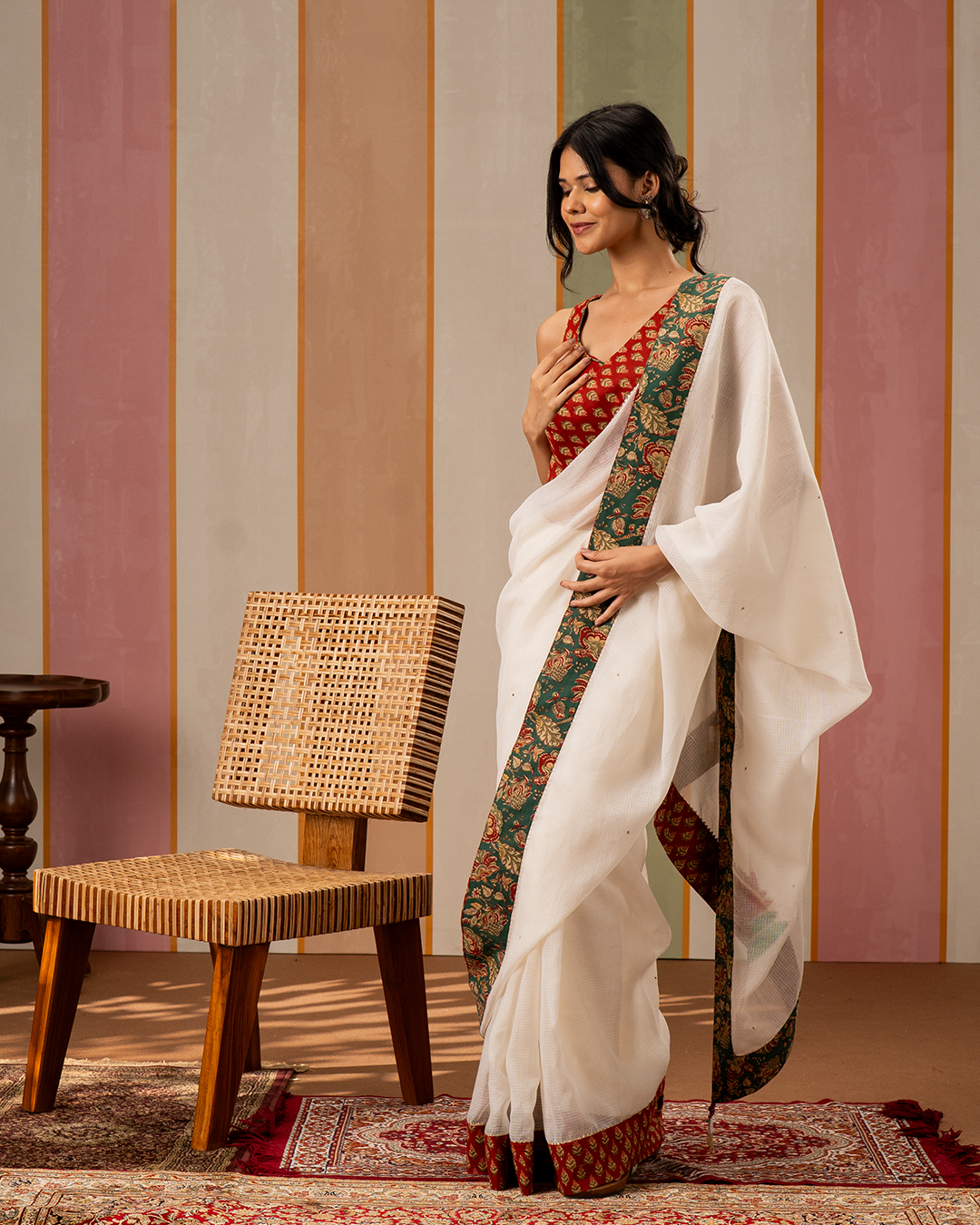 Off White Doria Blockprint Saree with Embroidery